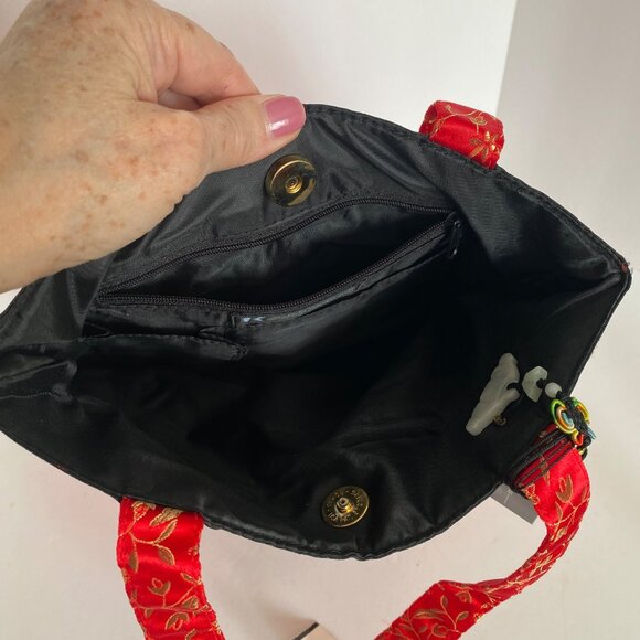Asian Rampage Clothing Red Black Dragon Medallion Tote Bag Lucky Bat Charm NWT - Picture 6 of 11